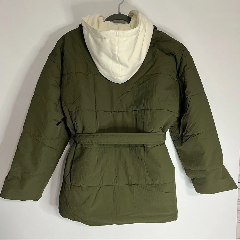 25) NWT BLANK NYC Olive Green & Cream Hooded Quilted Tie Waist Puffer Jacket MED - Picture 9 of 14